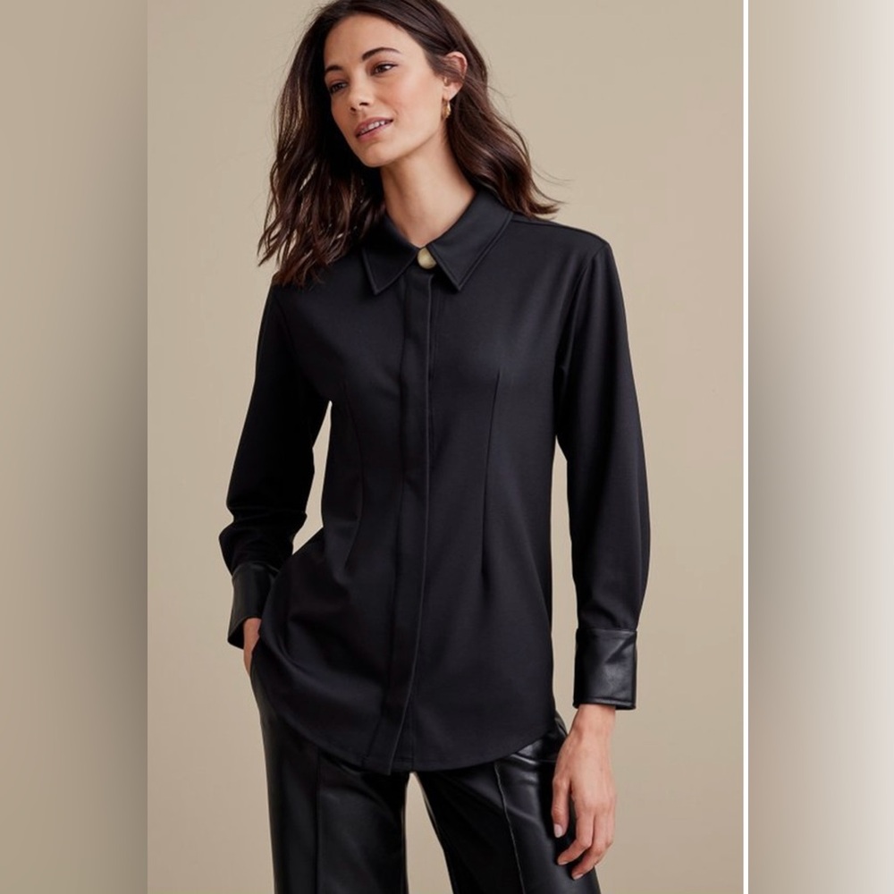Soft Surroundings Black Mattea Faux Leather Cuff Tunic Button-down Shirt